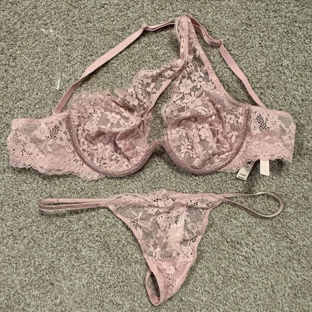 Victorias Secret Twinkle Lace Shine Monowire Pink Bra & Panty Set Size Large NWT